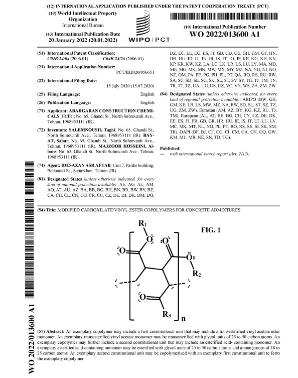 Registration of International Patent in the Field of Synthesis and Development of Modern Chemical Compounds of Polycarboxylate Polymers Family-1